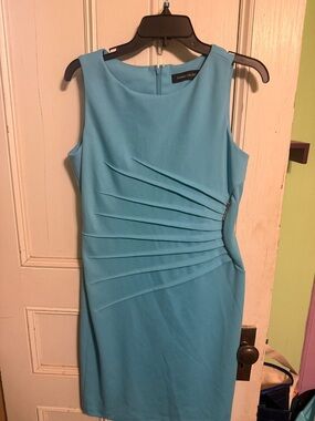 Ivanka Trump Sleeveless Aqua Sheath Dress with Asymmetric Pleats